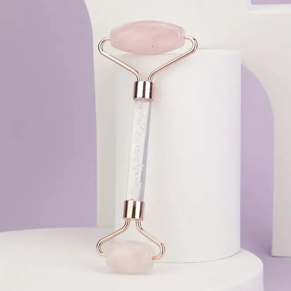 Pink Rose Quartz Dual-Head Massage Roller for Facial and Body
